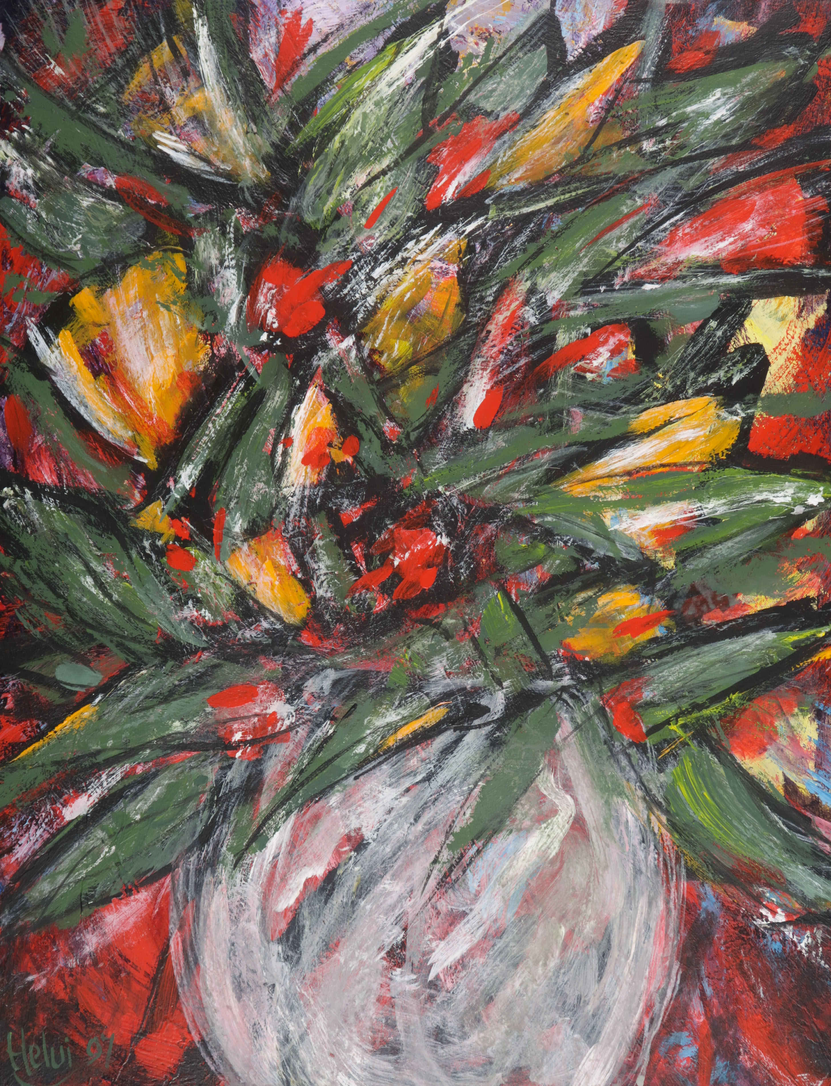 Niet of onleesbaar gesigneerd - Acryl op papier, Vaas met bloemen kopen? Bied vanaf 1!