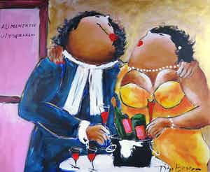 Theo Broeren - Acryl op doek, 'Dat wordt betalen...' (Groot) verkocht voor € 100!