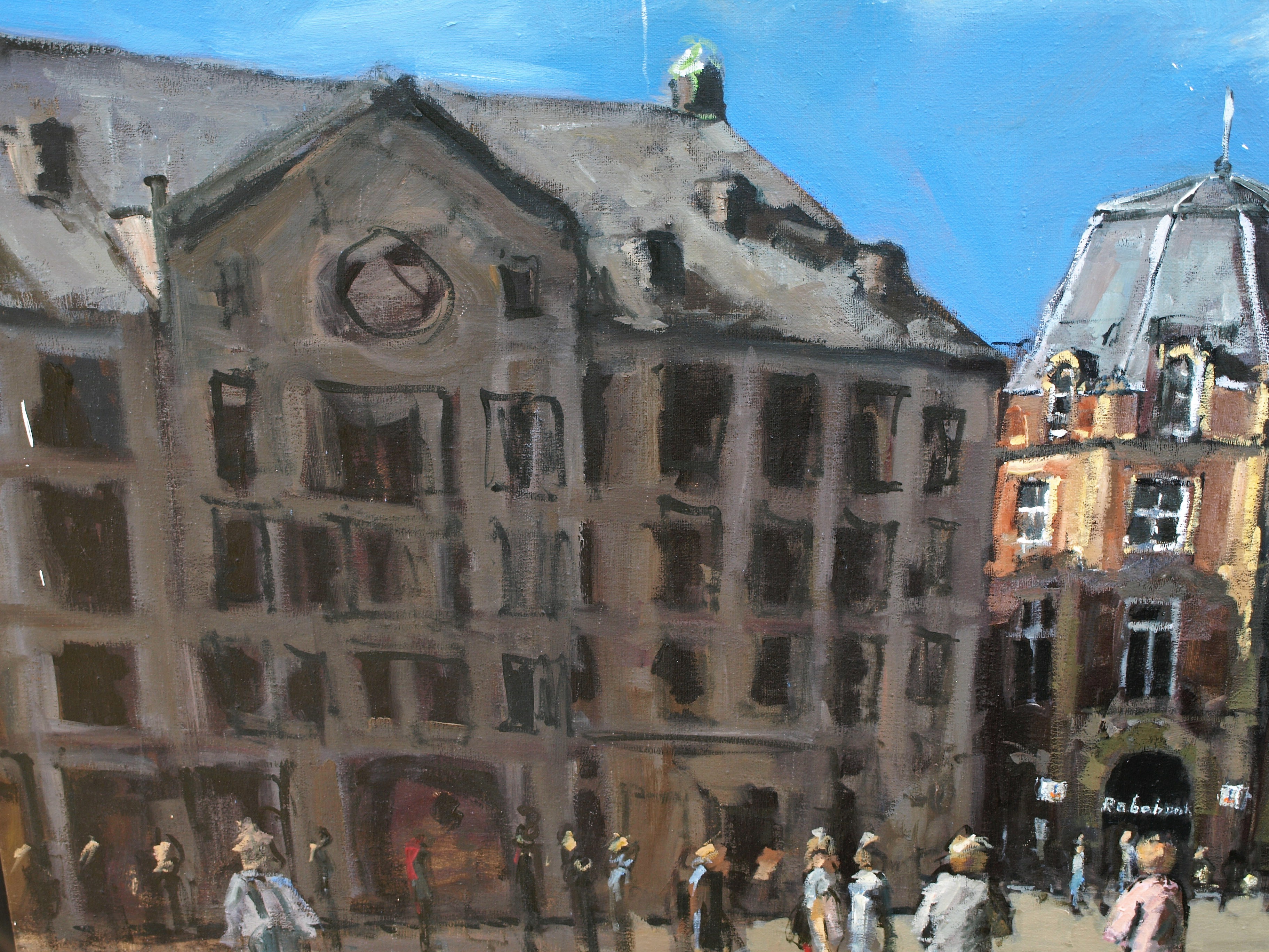 Niet of onleesbaar gesigneerd - Acrylverf op doek – De Dam in Amsterdam – 145 x 160 cm  kopen? Bied vanaf 1!