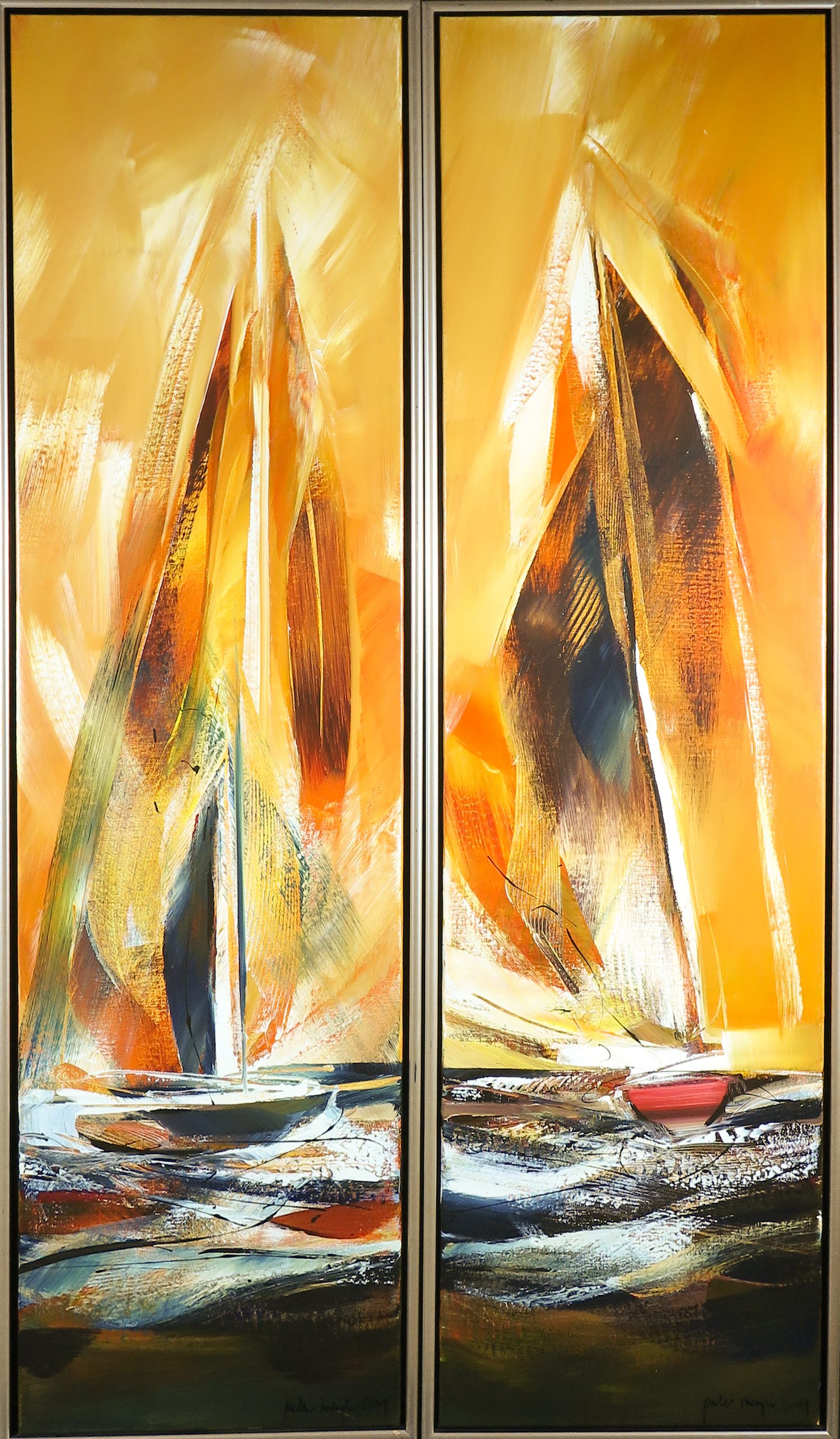 Peter Meijer - Acryl op doek, Zeilschepen 3 - Ingelijst (Zeer groot tweeluik) kopen? Bied vanaf 400!