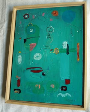 Jasper Banen - Acrylverf op doek , ingelijst , Blauwe Zon en Hemellichamen – 2004 kopen? Bied vanaf 85!