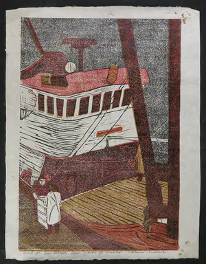 Piet Lont - Linosnede op Japans papier, Vis lossen kopen? Bied vanaf 35!