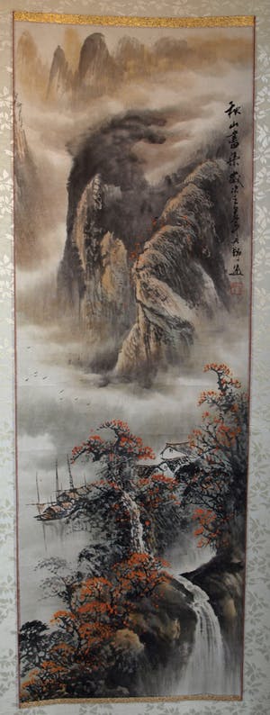 Niet of onleesbaar gesigneerd - Japanse scroll, “Waterval” - Aquarelverf + inkt + porselein - vroeg 20e Eeuw kopen? Bied vanaf 1!