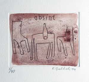 Klaas Gubbels - ets met aquarel ingekleurd - ‘Absint’ - 2004 verkocht voor € 245!