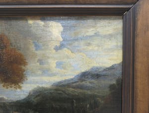 Cornelis Huysmans - 17e eeuw - Olieverf op doek - Heuvellandschap met droogstaande rivierbedding - Ingelijst kopen? Bied vanaf 800!