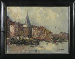 Jan Kelderman - Olieverf op doek, Stadsgezicht Amsterdam - Ingelijst kopen? Bied vanaf 1!