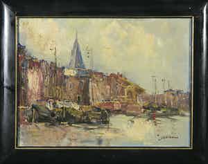 Jan Kelderman - Olieverf op doek, Stadsgezicht Amsterdam - Ingelijst verkocht voor € 1!