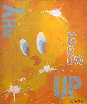 Don Ken - Gemengde techniek op doek, Why Grow Up verkocht voor € 800!