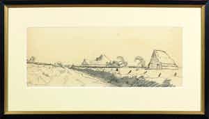 Ad Blok van der Velden - Tekening, Tuinwal met schapenboet - Ingelijst verkocht voor € 250!