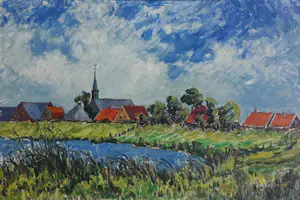 Jan Dekker - Kleurrijk landschap met dorphe aan water kopen? Bied vanaf 75!