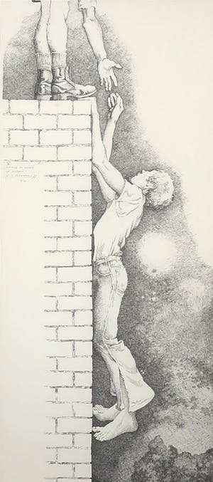 Harm Veldhoen - Ets, Iemand er boven op helpen - Ingelijst kopen? Bied vanaf 50!