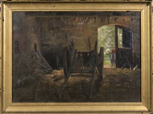 Niet of onleesbaar gesigneerd - Olieverf op board, Kar in schuur kopen? Bied vanaf 1!