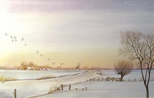 Ari Stolk - Winterlandschap dorpje, molen en vogels kopen? Bied vanaf 30!