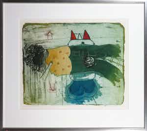 Michel van Overbeeke - Kleurenets met bladgoud, Love train I - Ingelijst verkocht voor € 35!