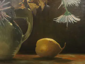 Niet of onleesbaar gesigneerd - Olieverf op doek, Stilleven met bloemen en peer - Ingelijst kopen? Bied vanaf 1!