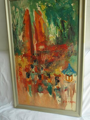 Hasan Djaafar - Olieverf op doek , “Vrouwen in het dorp” – ingelijst – Groot kopen? Bied vanaf 175!