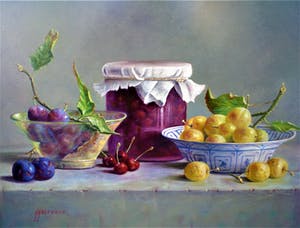 Hans Habraken - Stilleven met kersen en pruimen kopen? Bied vanaf 750!