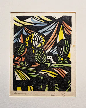 Ger Tamboer - twee in 1957 gemaakte kleuren houtsnedes "Oberammergau en geometrisch" kopen? Bied vanaf 38!