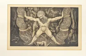 Ernst Fuchs - " SAMSON ZERSTÖRT den TEMPEL DAGONS " 1964 signiert , gerahmt . kaufen? Bieten Sie von 300!