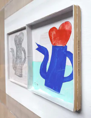 Klaas Gubbels - Ketel met hart, gemengde techniek op sigarendoos (netjes ingelijst) kopen? Bied vanaf 1295!