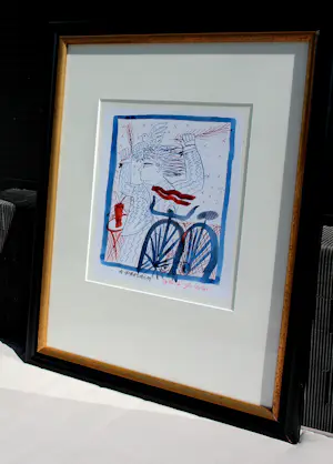 Alexandre Fassianos - gemengde techniek op papier - cycliste glorieu (nette lijst!) kopen? Bied vanaf 1000!