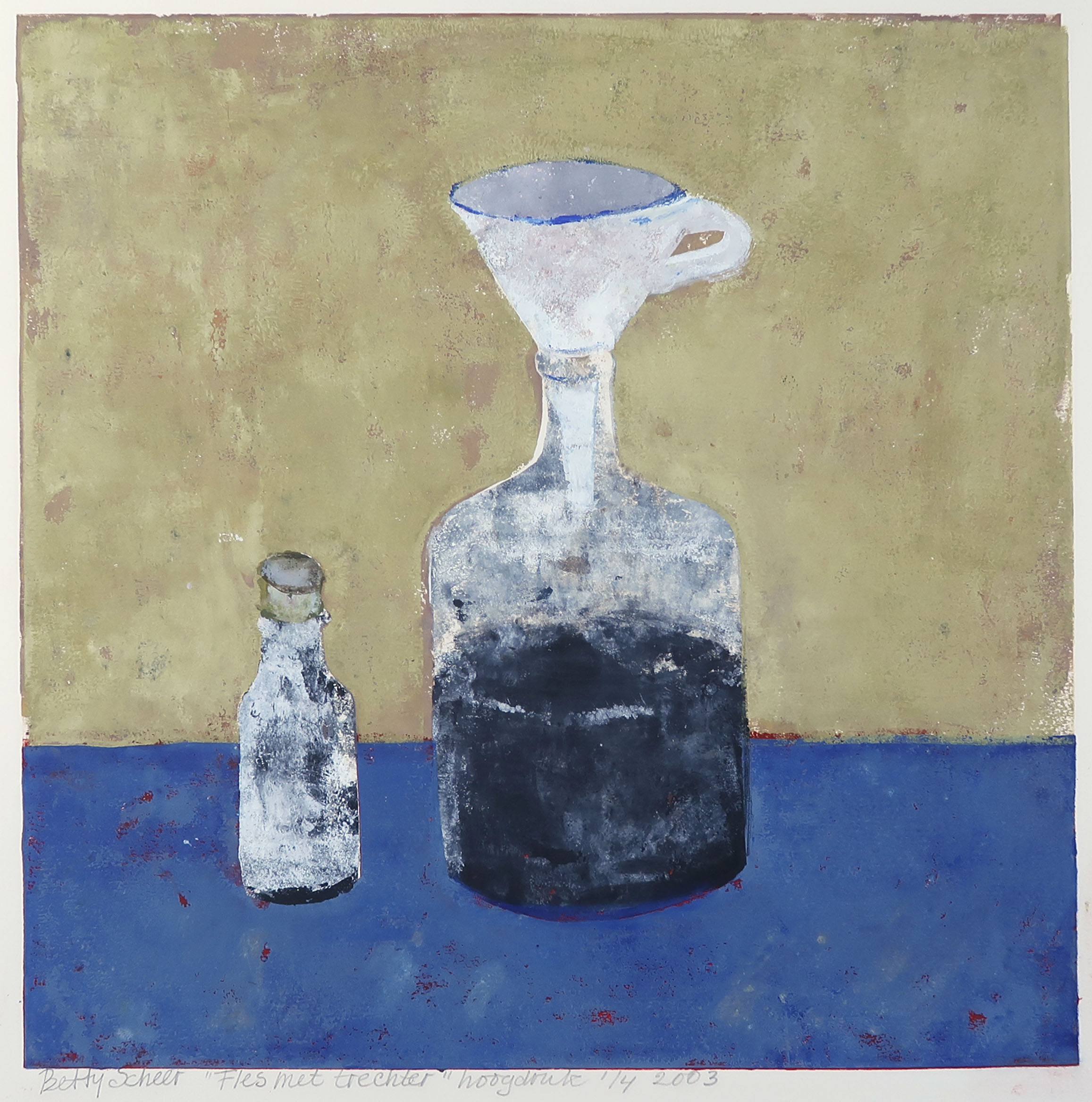 Betty Scheer - Linosnede, Fles met trechter verkocht voor € 20!