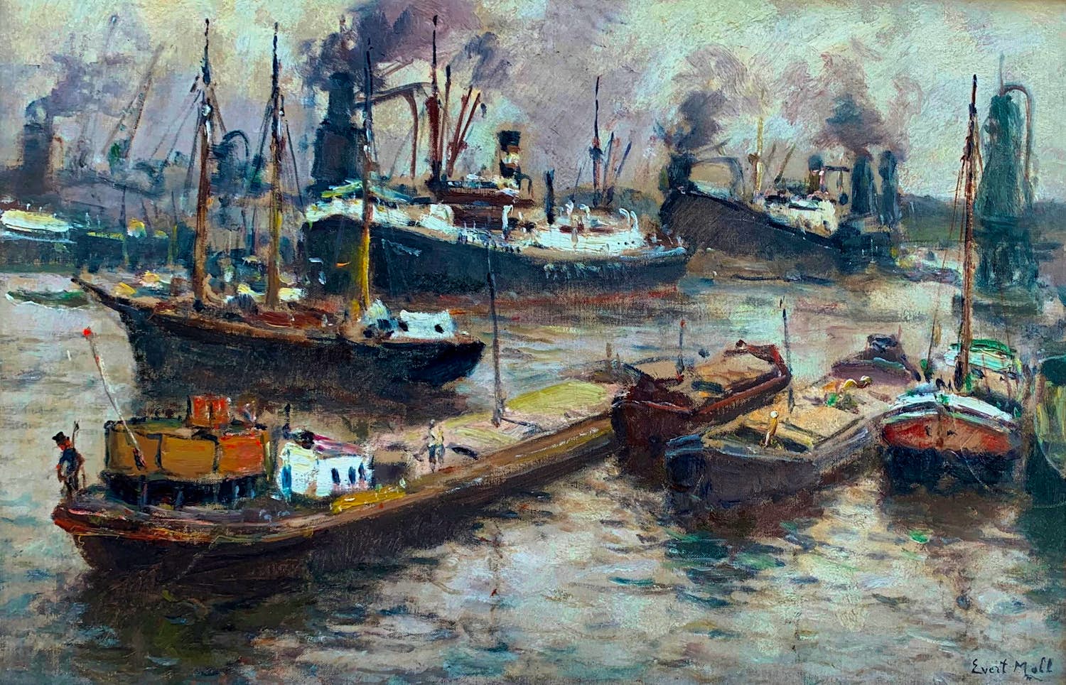Evert Moll - Ingelijste olieverf: afgemeerde schepen in Rotterdamse haven kopen? Bied vanaf 795!