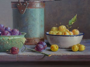 Hans Habraken - Oude ketel en oude schaaltjes met gele en blauwe pruimen. kopen? Bied vanaf 825!