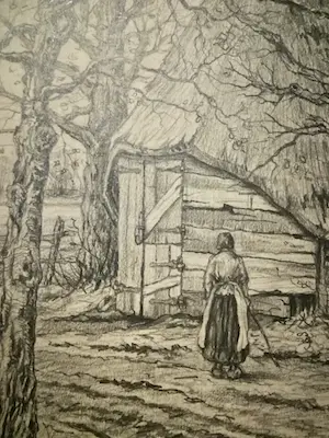 Henri von Rupprecht - Potloodtekening boerderij in bos kopen? Bied vanaf 30!