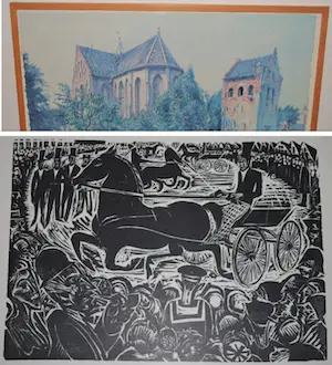 Johan Dijkstra - lot van 2: houtsnede Concours Hippique & ingelijste litho kerk te Noordbroek kaufen? Bieten Sie von 60!