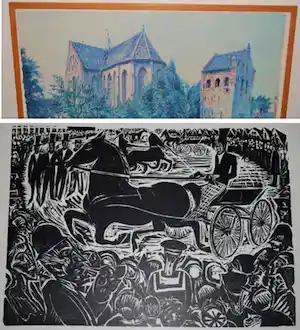 Johan Dijkstra - lot van 2: houtsnede Concours Hippique & ingelijste litho kerk te Noordbroek verkauft für € 60!