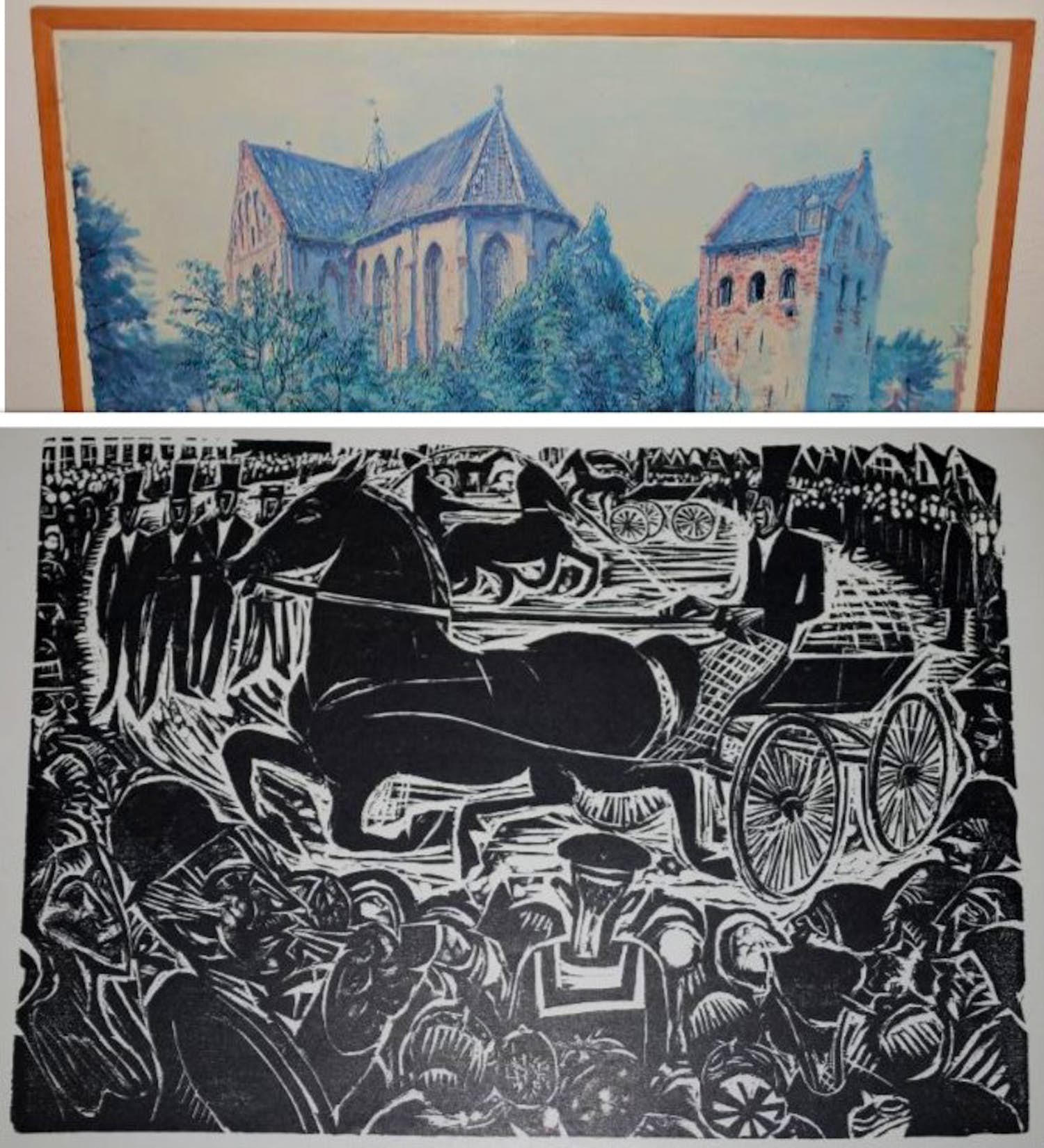 Johan Dijkstra - lot van 2: houtsnede Concours Hippique & ingelijste litho kerk te Noordbroek verkocht voor € 60!