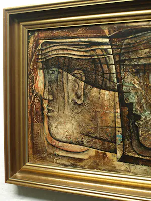 Frits van Eeden - Olieverf en stift op paneel, Twee gezichten – 1974 – Lijst, 49½ x 67½ cm. kopen? Bied vanaf 125!