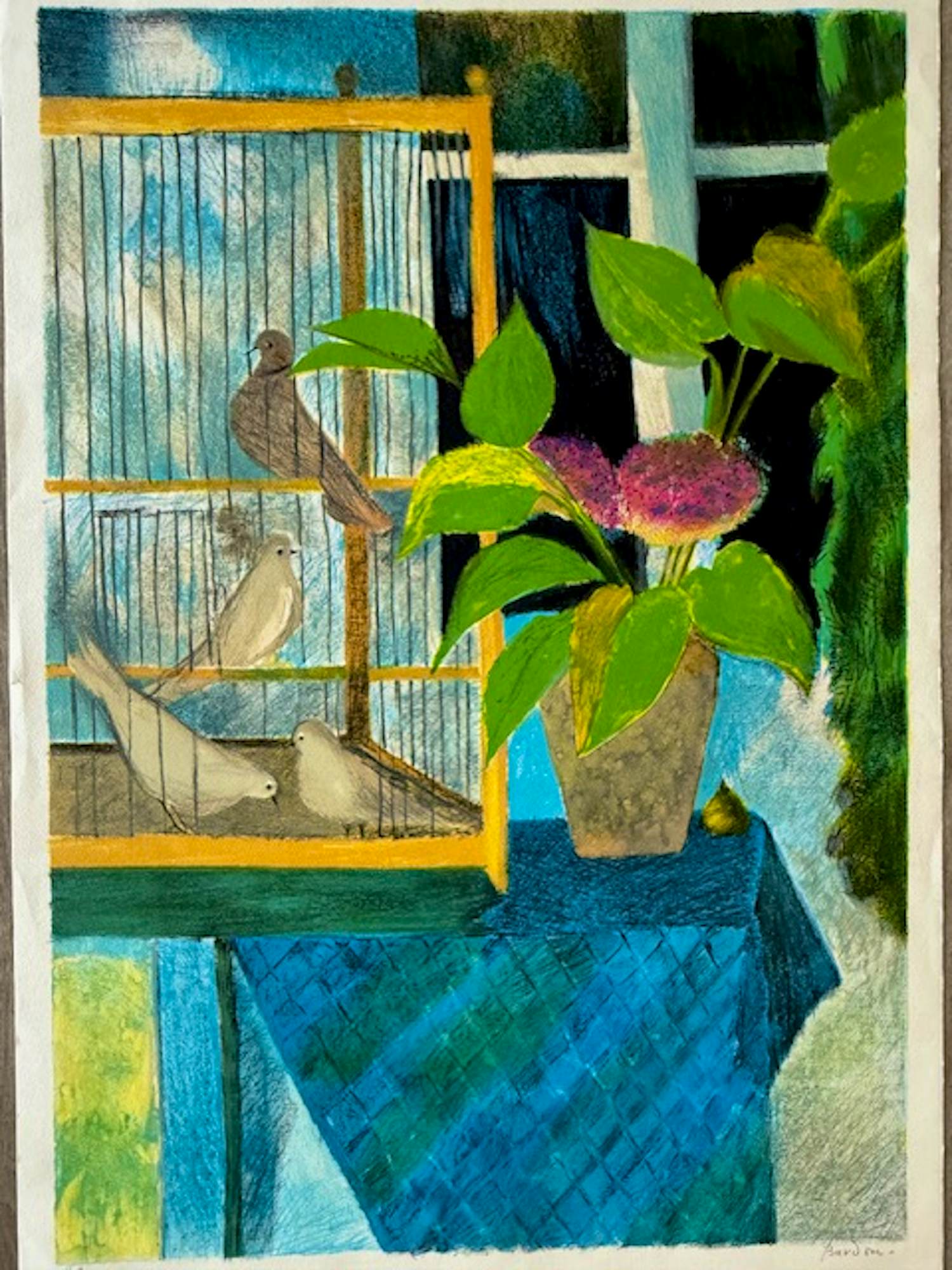 Guy Bardone - Lithographie « Les Quatre Tourterelles au tissu bleu » kopen? Bied vanaf 130!