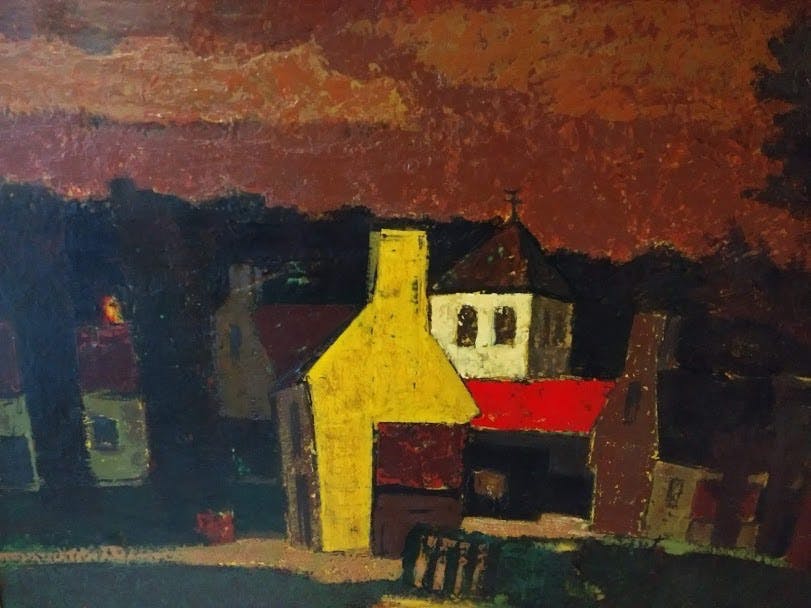 Maurice Schelck - gele gevel, olie op triplex, Topwerk, Latemse school kopen? Bied vanaf 700!