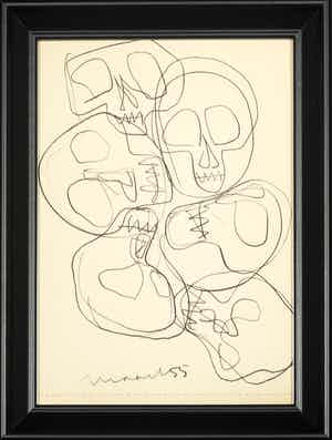 Siep van den Berg - Inkttekening, Schedels - Ingelijst verkocht voor € 60!