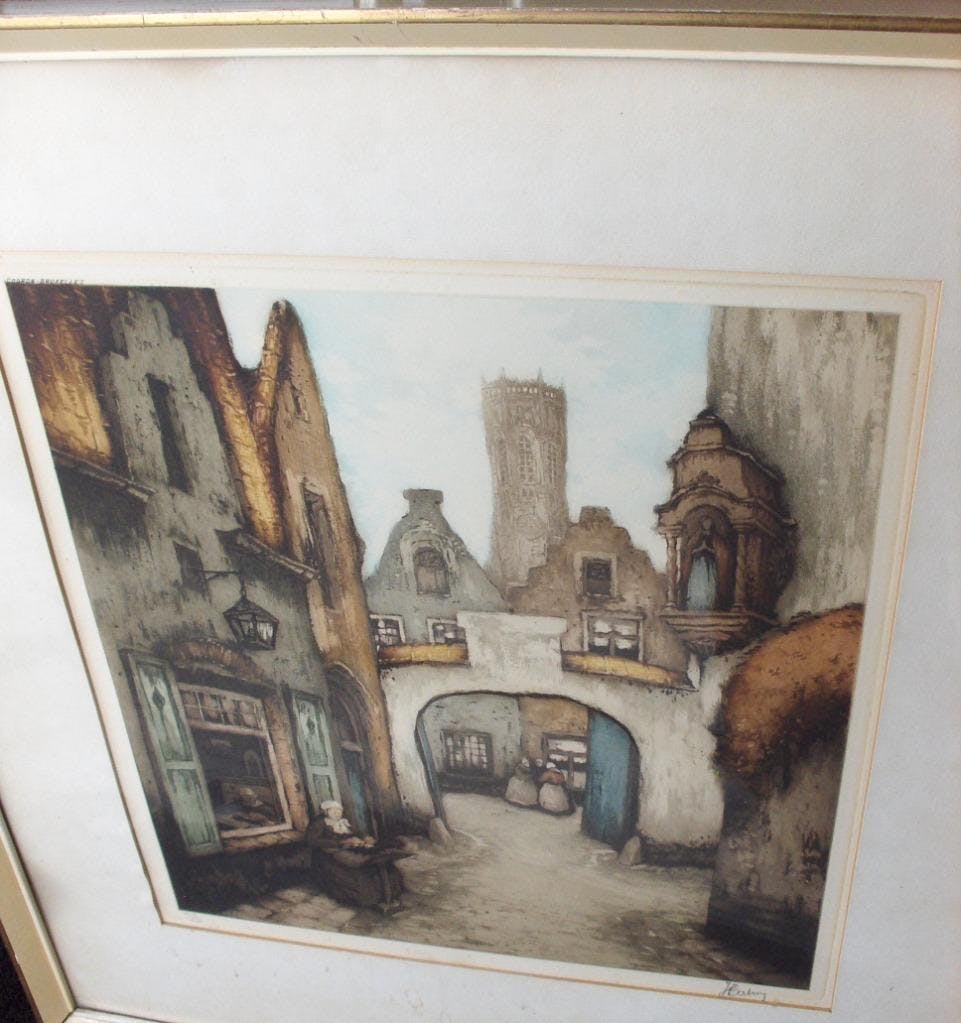 Jef Codron - Kleuren ets: Stadsgezicht te Brussel. kopen? Bied vanaf 1!