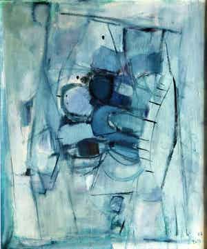 Iet van Es - Abstract schilderij in groen-blauw (ingelijst) verkocht voor € 125!