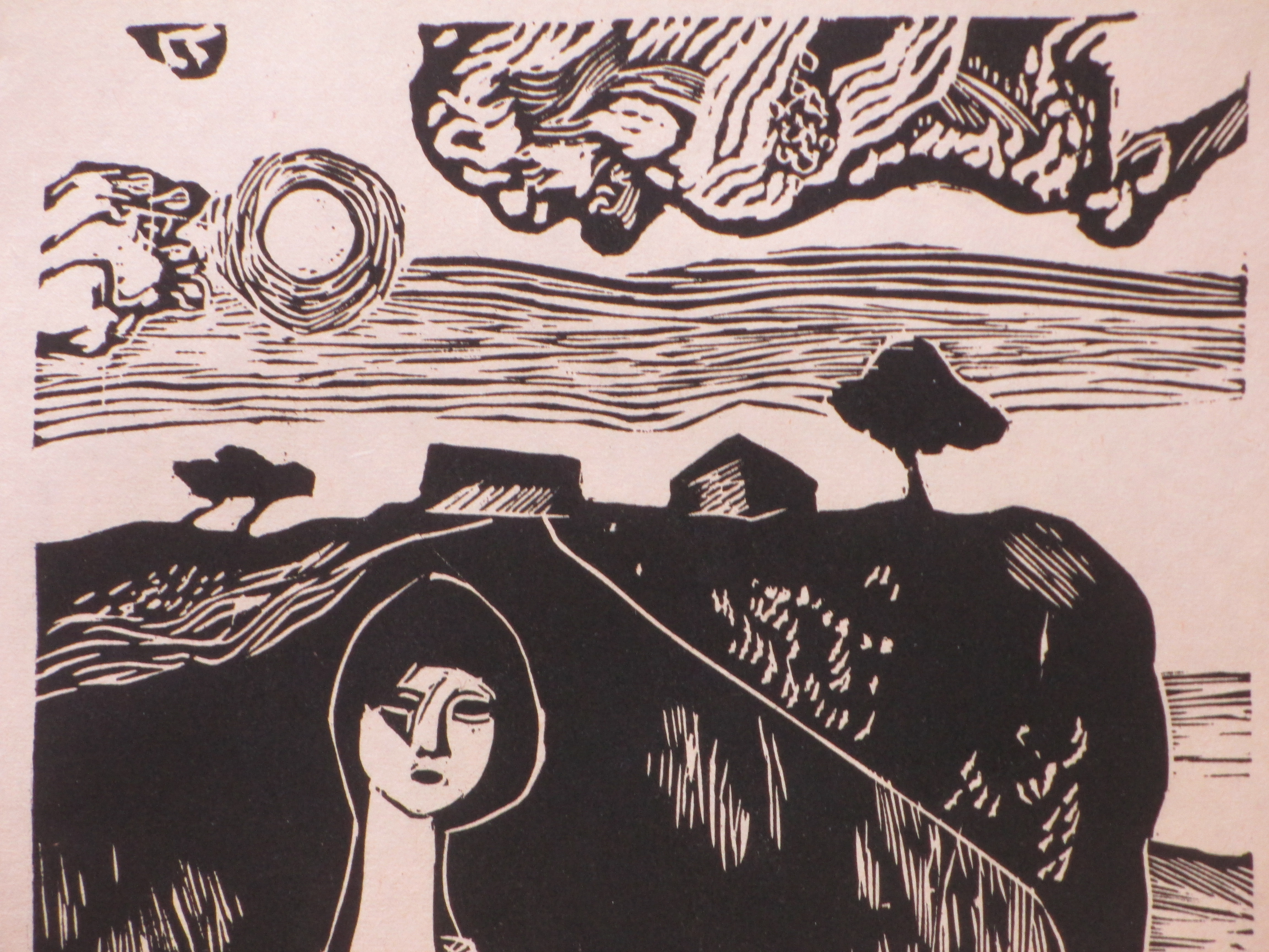 Gene Eggen - Vrouw in landschap - Houtsnede kopen? Bied vanaf 40!