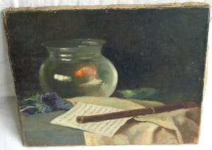 Frits Hes - Olieverf op doek, Stilleven met vissenkom en blokfluit – gesigneerd – ca 1950 kopen? Bied vanaf 100!