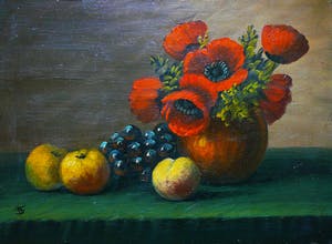 Niet of onleesbaar gesigneerd - Stilleven met abrikozen, druiven en anemonen kopen? Bied vanaf 10!