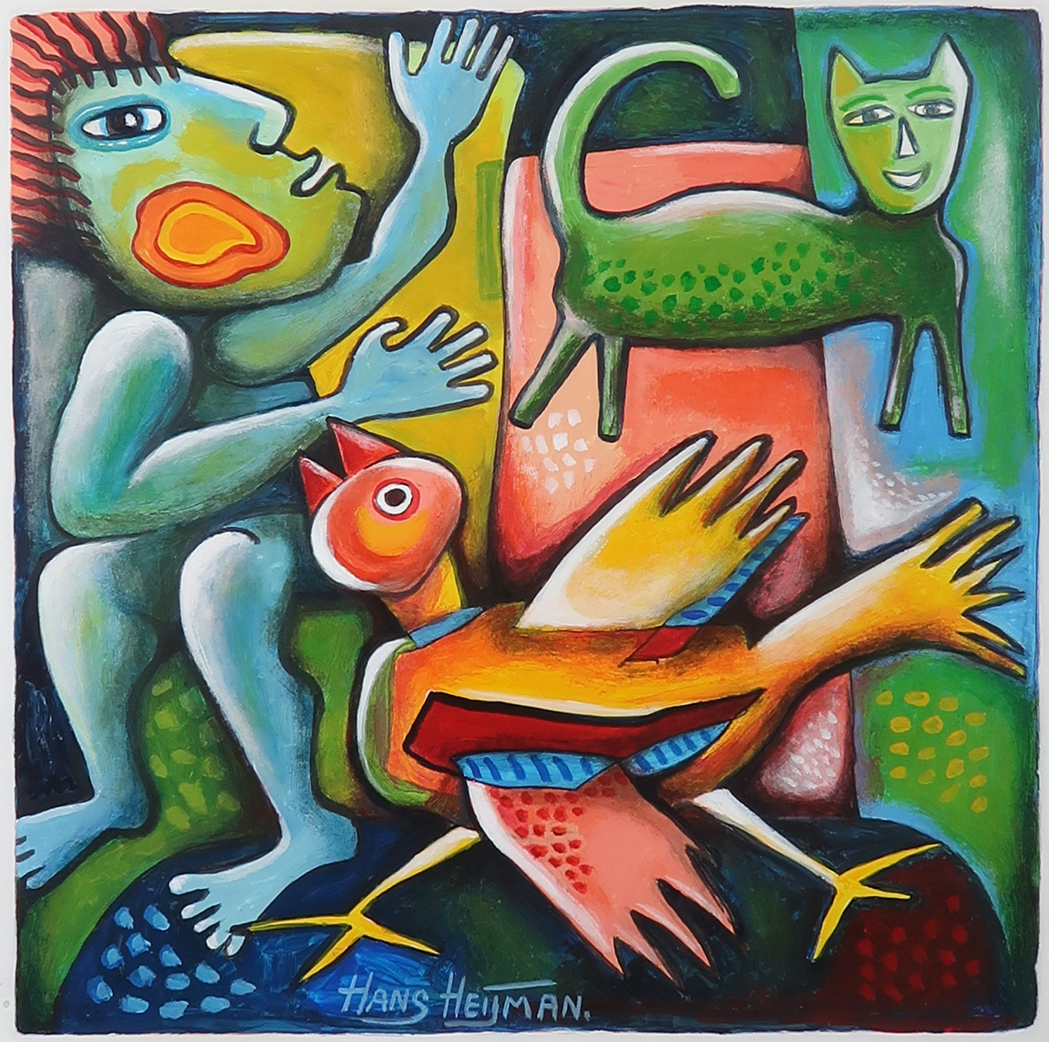 Hans Heijman - Acryl op papier, Vogel en kat - Ingelijst kopen? Bied vanaf 70!