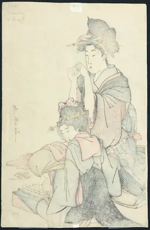 Kitagawa Utamaro - Houtdruk, Rijgende vrouw en muziek spelend meisje kopen? Bied vanaf 100!