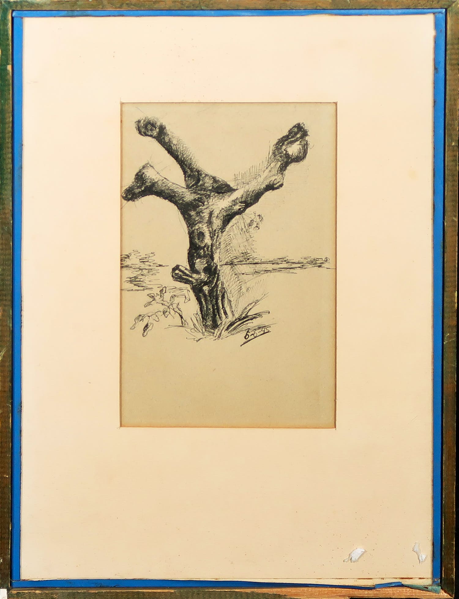 Niet of onleesbaar gesigneerd - Pentekening, Boom - Ingelijst verkocht voor € 1!