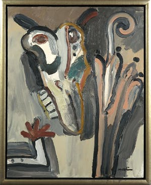 Anton Martineau - Olieverf op doek op board, Schaapskop en paraplu - Ingelijst kopen? Bied vanaf 300!