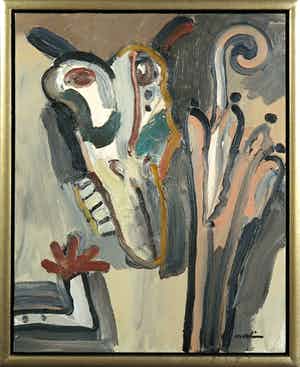 Anton Martineau - Olieverf op doek op board, Schaapskop en paraplu - Ingelijst verkocht voor € 300!