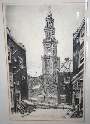 Cornelis Brandenburg - De Westerkerk in winters Amsterdam - heldere ets kopen? Bied vanaf 65!