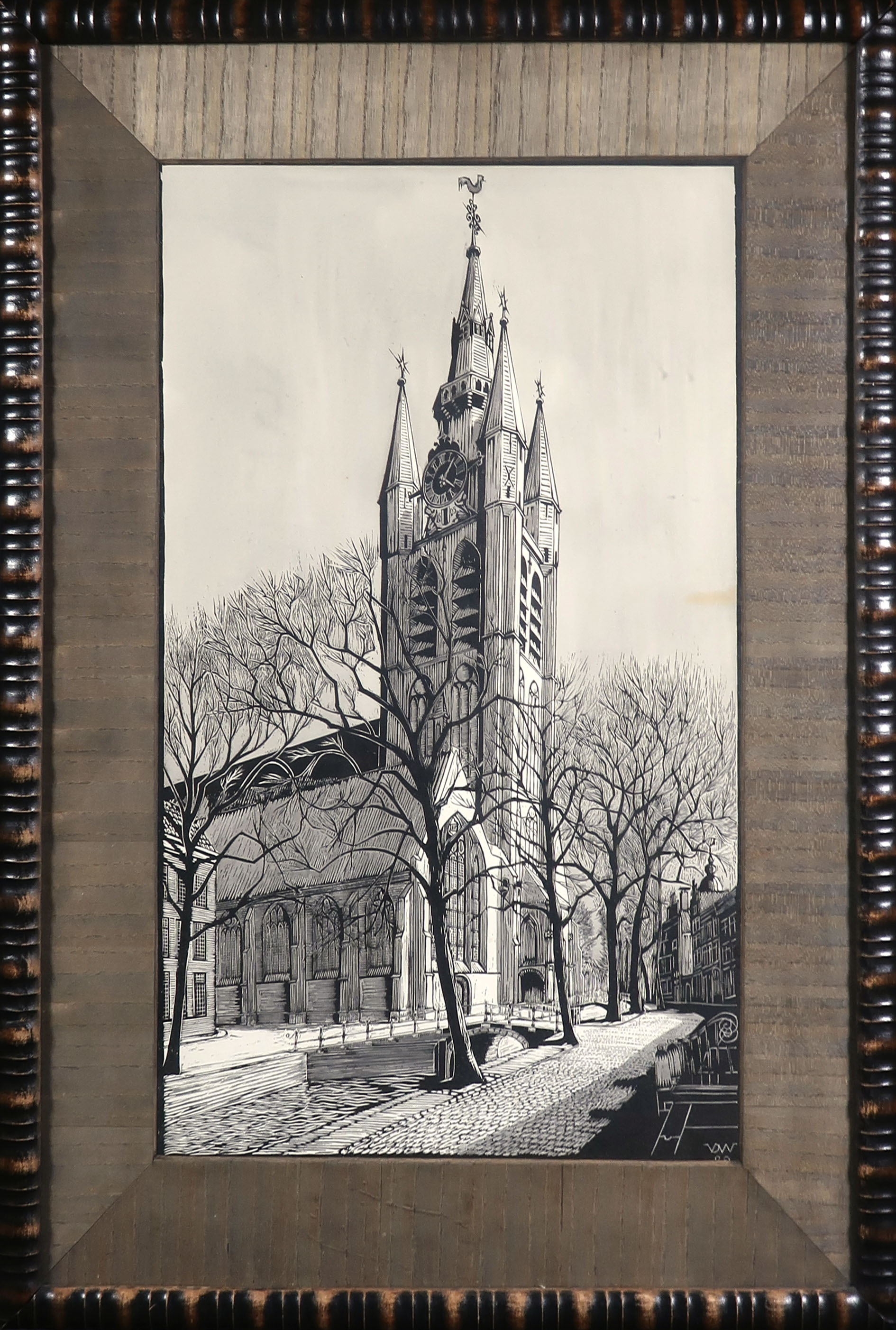 Niet of onleesbaar gesigneerd - Houtsnede, Oude kerk te Delft - Ingelijst kopen? Bied vanaf 1!