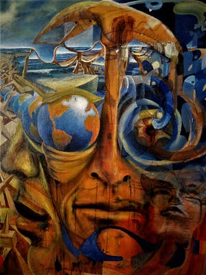 Niet of onleesbaar gesigneerd - Indrukwekkend surrealistisch Olieverf "World in your Eyes" ca. 1970 - GROOT!!! kopen? Bied vanaf 10!