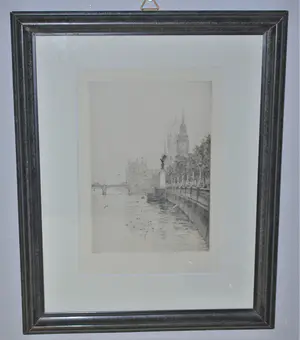 Rowland Langmaid - Londen - het RAF memorial en Houses of Parliament - ets kopen? Bied vanaf 60!